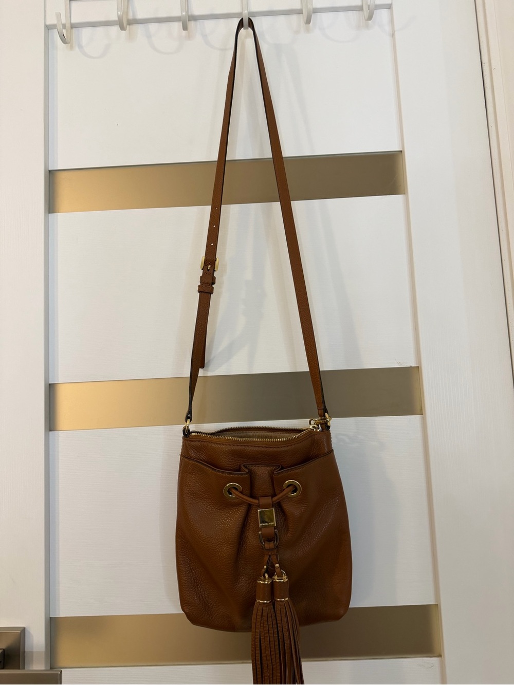 Authentic Micheal Kors Leather Tassel Drawstring Crossbody Bag - Brown